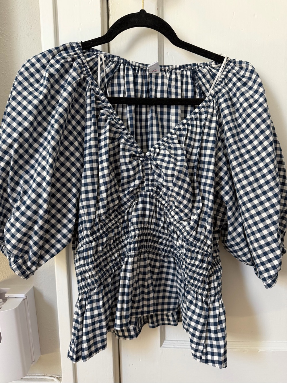 Old Navy Navy and White Gingham Peasant Blouse